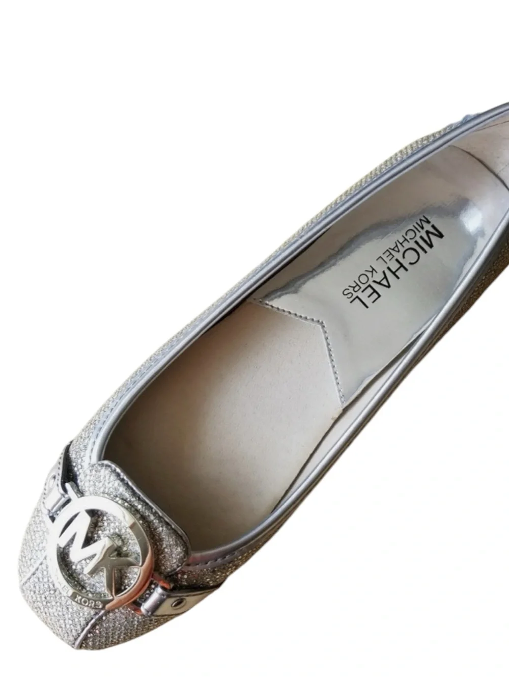 Michael Kors Fulton Moccasin Ballet Flat Silver Metallic Glitter Finish Sz 7M